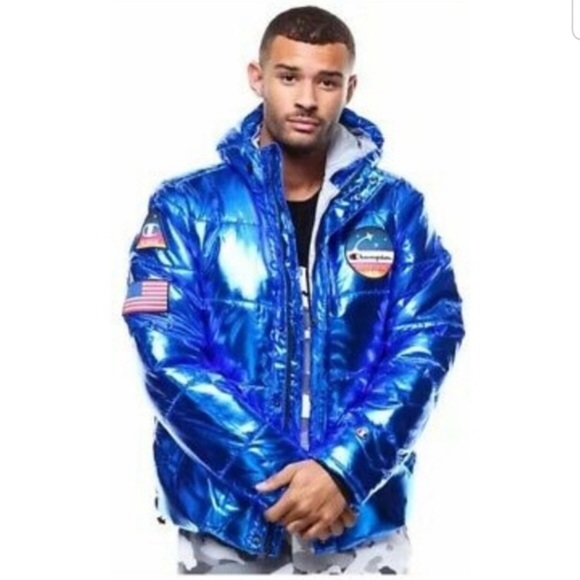 Champion X NASA men sz XS Metallic Puffer Jacket Blue Quilted - Picture 2 of 16